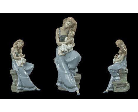 Nao Figurine - 'My Little Girl'  - Blond Lady in Blue Dress, holding a toddler girl.  Measures 15'' tallo.