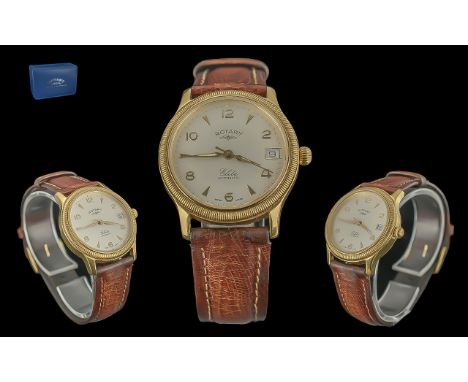 A Gent's Rotary Elite Automatic Wristwatch, gold case, exhibition glass back, leather strap.  Working order, with box and pap
