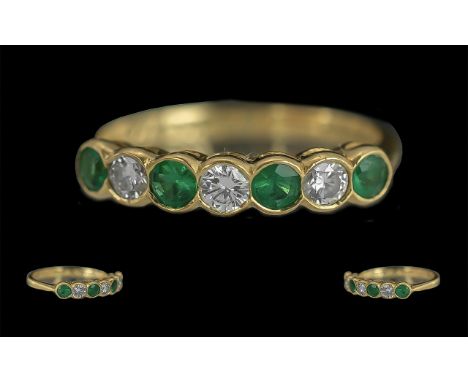 Ladies Attractive and Pleasing Quality 18ct Gold Emerald and Diamond Pave Set Ring. Full Hallmark for 18ct - 750 to Interior 