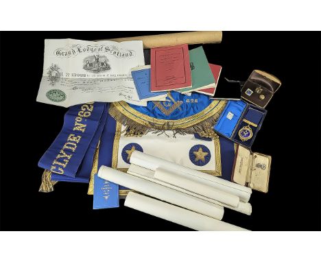 Masonic Interest - Collection of  Masonic Items, including sash, apron, cufflinks, cloth badges, paperwork, medal and pins, e