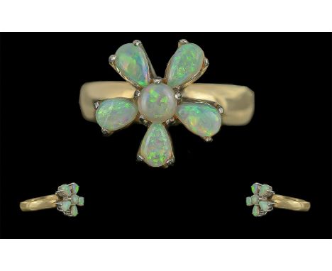 Ladies 18ct Gold Six Stone Opal Set Ring, Marked 18ct to Interior of Shank, The Six Tear Drops Shaped Opals of Excellent Colo