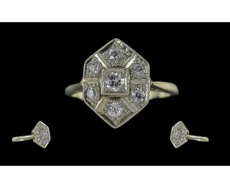 Antique Period - Pleasing Quality 18ct White Gold Diamond Set Cluster Ring. c.1910. Not Marked but Tests 18ct Gold. The Well 