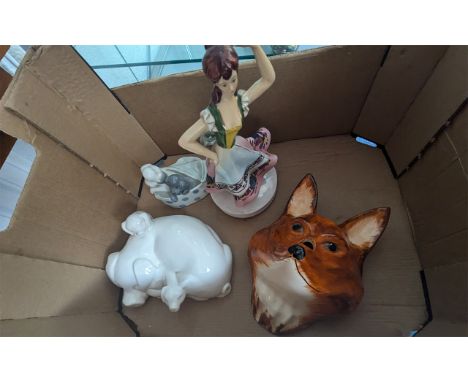 Collection of Pottery Items, including a Nao pottery figure of two sleeping dogs in a basket, a Beswick pig figure 'Hide and 