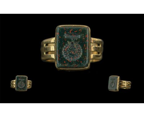 18ct Gold Victorian Seal Ring, The Mount Set With A Rectangular Bloodstone, With A Coat Of Arms Intaglio, Fully Hallmarked, G