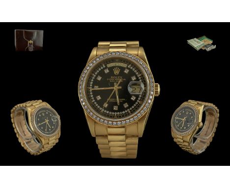 Rolex - Oyster Perpetual Chronometer Gents 18ct Gold and Diamond Set Wrist Watch. Model No 18238. Features Black Dial with Di