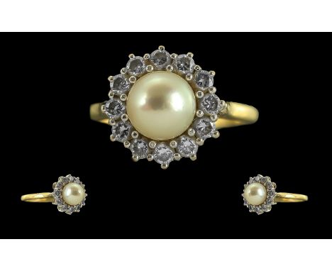 Ladies 18ct Gold Pleasing Diamond and Pearl Set Cluster Ring. Full Hallmark to Interior of Shank. The Central Pearl of Excell