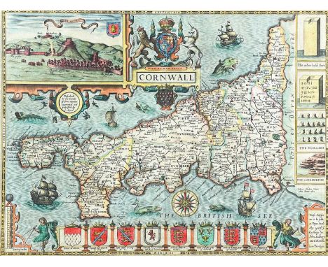 SPEED, John. Cornwall  A hand coloured engraved map from Speed's 'The Theatre of the Empire of Great Britain', with inset vie