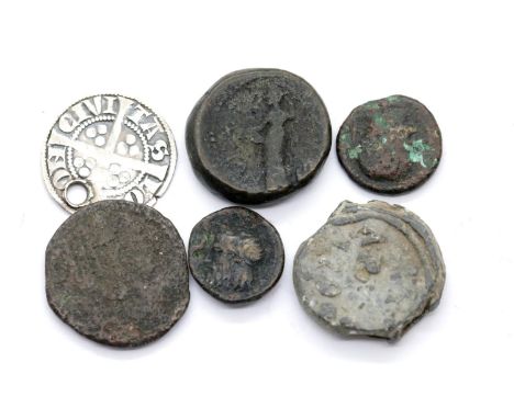 Four ancient Greek coins, a pierced hammered coin and a seal.  P&amp;P Group 1 (£14+VAT for the first lot and £1+VAT for subs