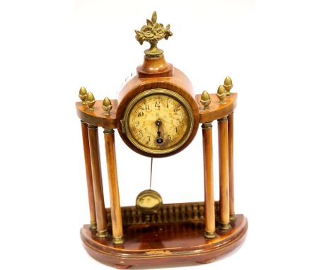 Walnut framed mantel clock on six pillar supports with pendulum. P&amp;P Group 3 (£25+VAT for the first lot and £5+VAT for su