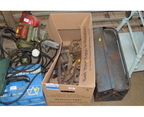 A box containing various hand tools
