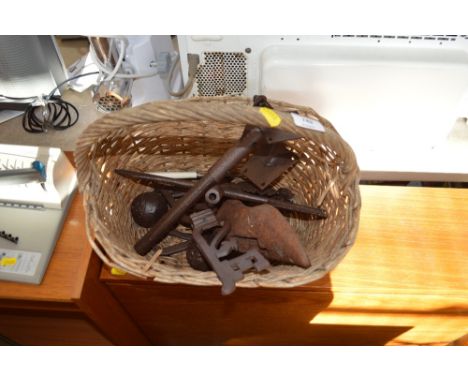 A wicker basket and contents of a weather vane etc