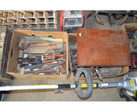 Two boxes of various hand tools to include lead beating tools, sets of scales, blow lamps, planes etc. 