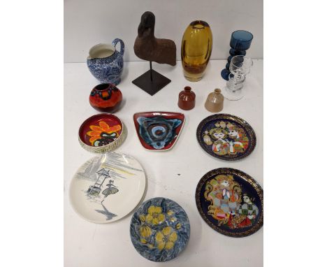 A mixed lot to include a 1970's Wedgwood Sheringham blue glass candlesticks, a Poole pottery vase and two ashtrays, a pair of