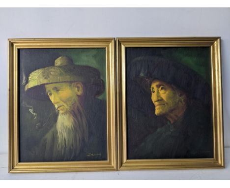 P Chan - portraits of and aged couple, the man smoking a pipe, oil paintings on board, signed lower right, 40.5 x 31.5, gilt 