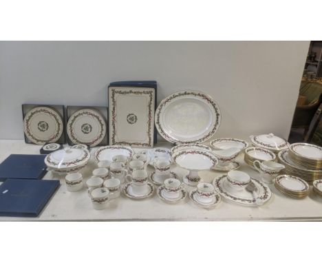 Royal Worcester 'Holly Ribbons' pattern part dinner/tea service to include two tureens, one A/F, a pedestal dish, sauce boat,