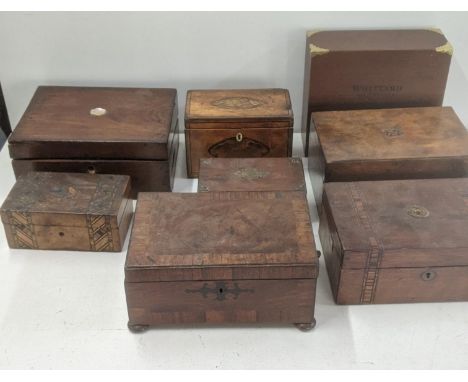 A group of late 19th/early 20th century and later wooden boxes to include an inlaid tea caddy, a writing slope A/F and others