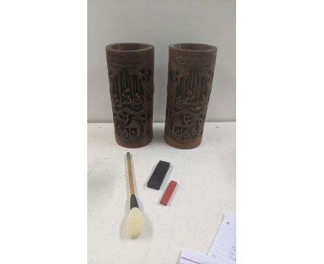 Two circa 1900 Chinese bamboo brush pots with carved decoration depicting figures in bamboo forest, 28cm h together with Chin