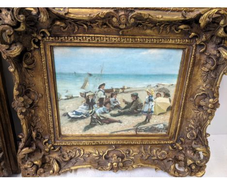 Two prints in gilt frames, one depicting a French beach scene, the other another seaside scene signed C Leicke 1902, along wi