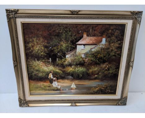 A Les Parson signed and framed oil on canvas depicting a river scene of children playing in front of a cottage 49.5cm x 40cm 