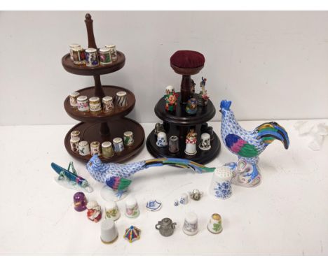 Herend-3 hand painted porcelain models to include a pheasant, a cockerel and a grasshopper together with a collection of thim