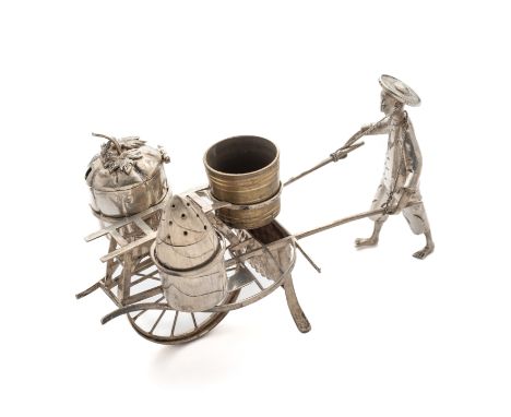 A CHINESE SILVER 'DRAGON' CIGAR LIGHTER AND A CONDIMENT 'CART', WANG HING &amp; CO., HONG KONG, CANTON OR SHANGHAI, EARLY 20T