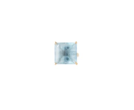 AQUAMARINE RING the mixed cut square aquamarine claw set in a simple mount size L ½