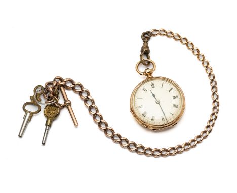 A GOLD OPEN FACE POCKET WATCH, LATER 19TH CENTURY Swiss key wound movement, white enamel dial with Roman numerals, the mid si