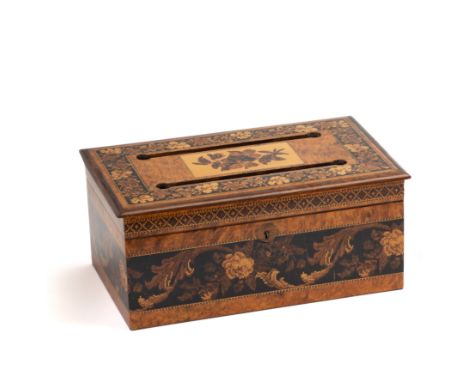 A 'TUNBRIDGE WARE' LETTER BOX, MID 19TH CENTURY rectangular, in burr wood set with a panel and bands of geometric and floral 