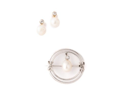 PAIR OF CULTURED PEARL AND DIAMOND EARRINGS AND BROOCH each cultured pearl measuring approximately 8.4mmx7.3mm &amp; 8.7mmx7.