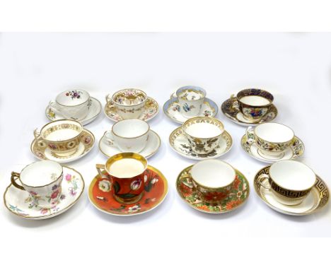 A GROUP OF TWELVE SPODE CUPS AND SAUCERS, EARLY 19TH CENTURY mostly of London or Bute shape and painted various patterns incl