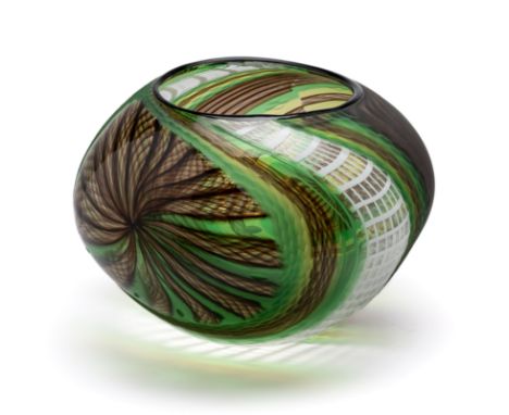 ‡ A VENETIAN ART GLASS VASE, MASSIMILIANO SCHIAVON, MURANO, 2008 bulbous, white lattice and interlaced green canes in clear a