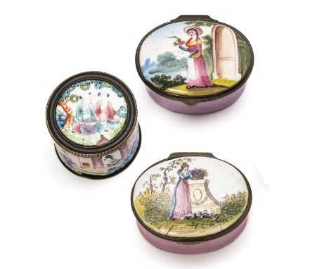TWO ENAMEL PATCH BOXES, SOUTH STAFFORDSHIRE, EARLY 19TH CENTURY both oval and with pink bases, one painted to the lid with a 