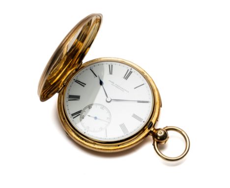 A VICTORIAN GOLD QUARTER REPEAT HUNTER POCKET WATCH, JOSEPH PENLINGTON, LIVERPOOL, CIRCA 1861 key wound three-quarter plate f