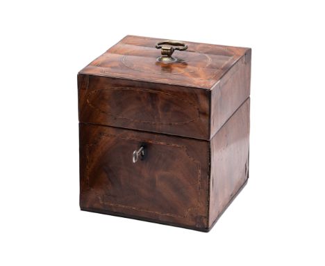 A GEORGE III INLAID MAHOGANY DECANTER BOX, CIRCA 1800 square, with chequer stringing with in-curved corners and ebonised band