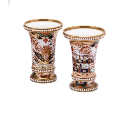 A PAIR OF SPODE MATCH POTS, CIRCA 1815 trumpet form, beaded, painted in Imari style with pattern '967', red painted Spode 967