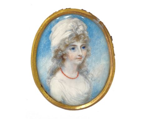 ˜A PORTRAIT MINIATURE OF LADY ELIZABETH DORMER, MANNER OF MRS ANNE MEE, CIRCA 1790 wearing a white chemise and red coral bead