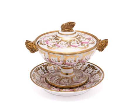 A GROUP OF SPODE PORCELAINS, CIRCA 1820 comprising: a circular sauce tureen, cover and stand, painted with pink and gilt foli