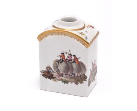 A MEISSEN 'BATAILLENMALEREI' TEA CADDY, MID 18TH CENTURY arched rectangular, painted to one side with an amusing scene of sol