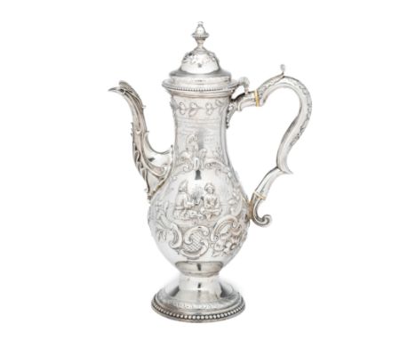 ˜A GEORGE III SILVER COFFEE POT, WILLIAM COLLINGS, LONDON, 1773 the baluster body chased with two contemporary 'Turquerie' sc