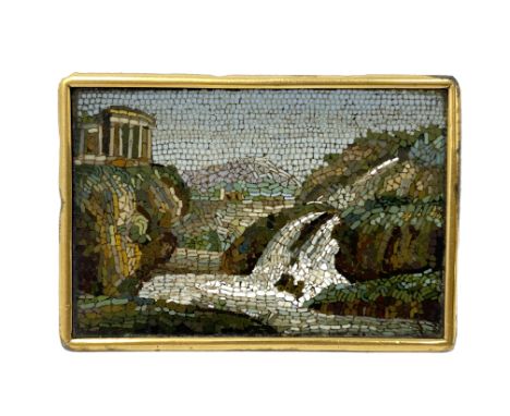 AN ITALIAN MICRO-MOSAIC PANEL, PROBABLY ROME MID 19TH CENTURY rectangular, depicting a stylised view of the Tivoli falls and 