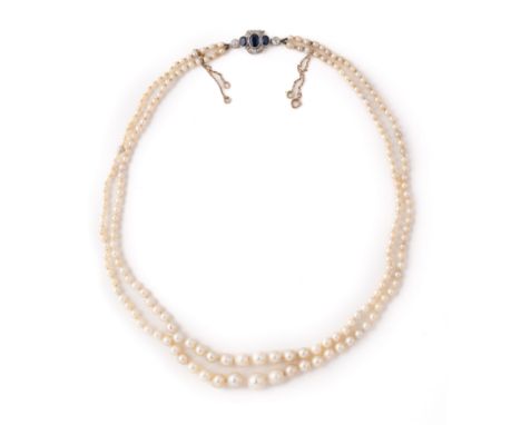 NATURAL PEARL, SAPPHIRE AND DIAMOND NECKLACE the double row of graduating knotted pearls measuring from 2.7mm-8.6mm approxima
