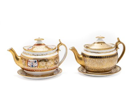 TWO SPODE TEAPOTS AND COVERS WITH STANDS, CIRCA 1810 of the same oval shape, one painted in '1009' pattern, the other in '909