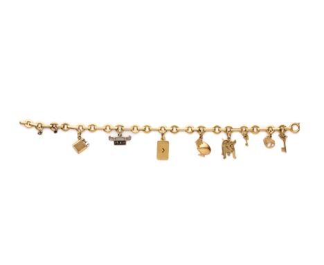 GOLD CHARM BRACELET, FRENCH, 1930s the bridle link bracelet with assay marks and incomplete makers mark *M suspending eight c