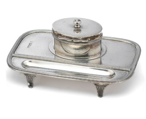 A VICTORIAN SILVER INKSTAND, C.S. HARRIS &amp; SONS LTD, LONDON, 1899 oblong, reeded borders, fluted panel feet, with a pen d