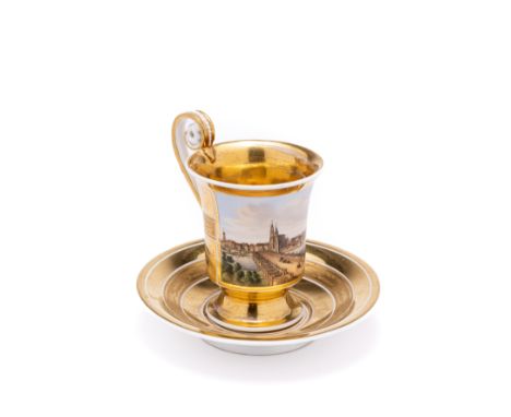 ‡ A BERLIN (KPM) TOPOGRAPHICAL CUP &amp; SAUCER, CIRCA 1815 each with gold ground bands flanking a burnished leaf band, the c