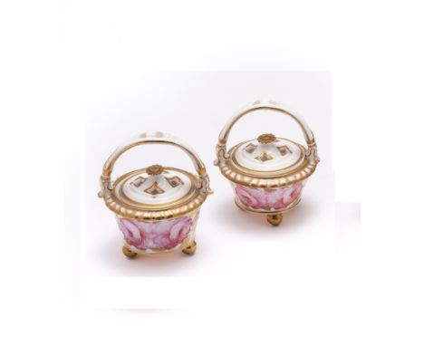 A PAIR OF SPODE MINIATURE POT POURRI BASKETS AND COVERS, CIRCA 1820 circular, each on three ball feet, the sides painted with