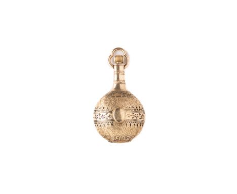 A SWISS GOLD PENDENT WATCH, GENEVA, LATE 19TH CENTURY in the form of a scent flask, engraved with foliate bands and formal bo