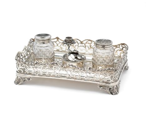 A WILLIAM IV SILVER INKSTAND, CHARLES PRICE, LONDON, 1833 oblong, the gallery pierced with scroll foliage below the waved gad