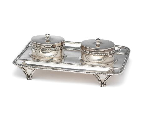 A VICTORIAN SILVER INKSTAND, CHARLES STUART HARRIS, LONDON, 1891 oblong, on tapered panel feet, gadroon bordered between the 