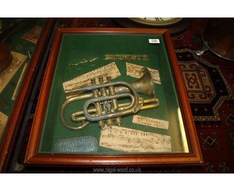 A musical display cabinet displaying 'the bugle call march' (bugle a/f), glasses and decorative music sheet cut outs, 20'' x 